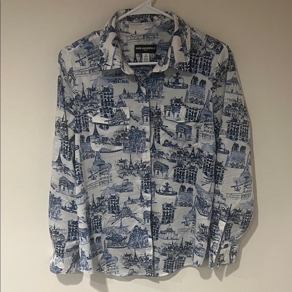 Karl Lagerfeld Tops - Karl Lagerfeld Navy and White Cityscape Shirt